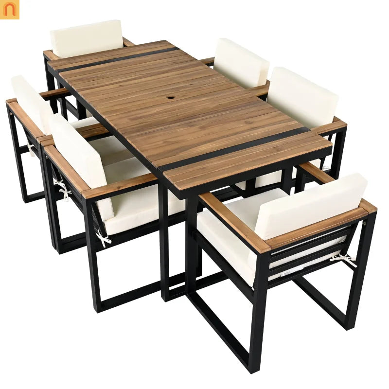 Outdoor Dining Set Acacia Wood Steel Beige Cushion 7 Piece Umbrella Hole