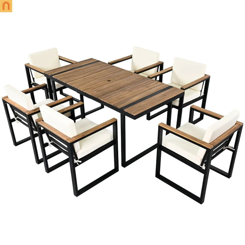 Outdoor Dining Set Acacia Wood Steel Beige Cushion 7 Piece Umbrella Hole