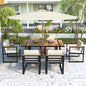 Outdoor Dining Set Acacia Wood Steel Beige Cushion 7 Piece Umbrella Hole