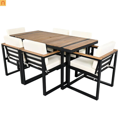 Outdoor Dining Set Acacia Wood Steel Beige Cushion 7 Piece Umbrella Hole