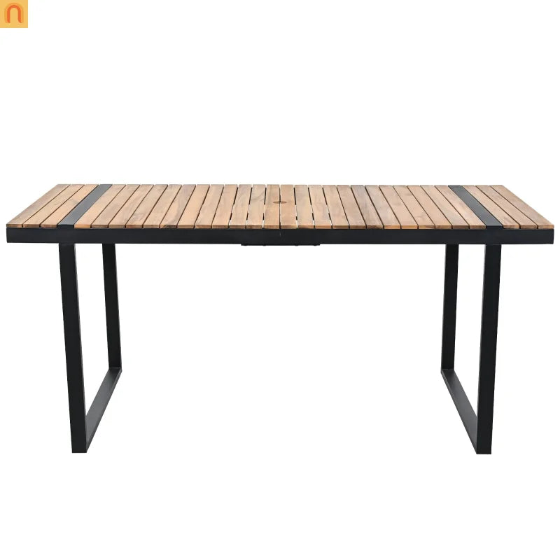 Outdoor Dining Set Acacia Wood Steel Beige Cushion 7 Piece Umbrella Hole