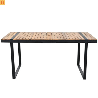 Outdoor Dining Set Acacia Wood Steel Beige Cushion 7 Piece Umbrella Hole