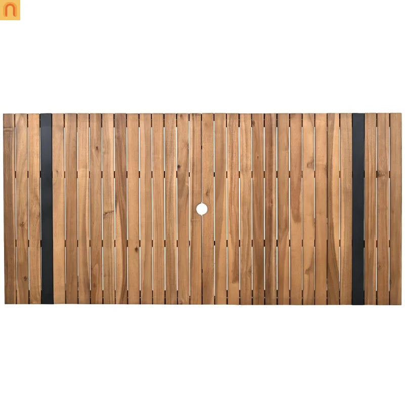 Outdoor Dining Set Acacia Wood Steel Beige Cushion 7 Piece Umbrella Hole