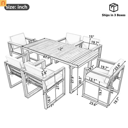 Outdoor Dining Set Acacia Wood Steel Beige Cushion 7 Piece Umbrella Hole