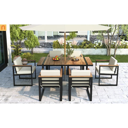 Outdoor Dining Set Acacia Wood Steel Beige Cushion 7 Piece Umbrella Hole