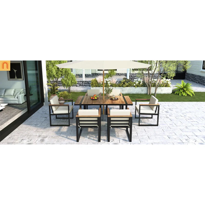 Outdoor Dining Set Acacia Wood Steel Beige Cushion 7 Piece Umbrella Hole