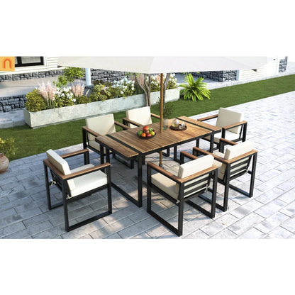 Outdoor Dining Set Acacia Wood Steel Beige Cushion 7 Piece Umbrella Hole