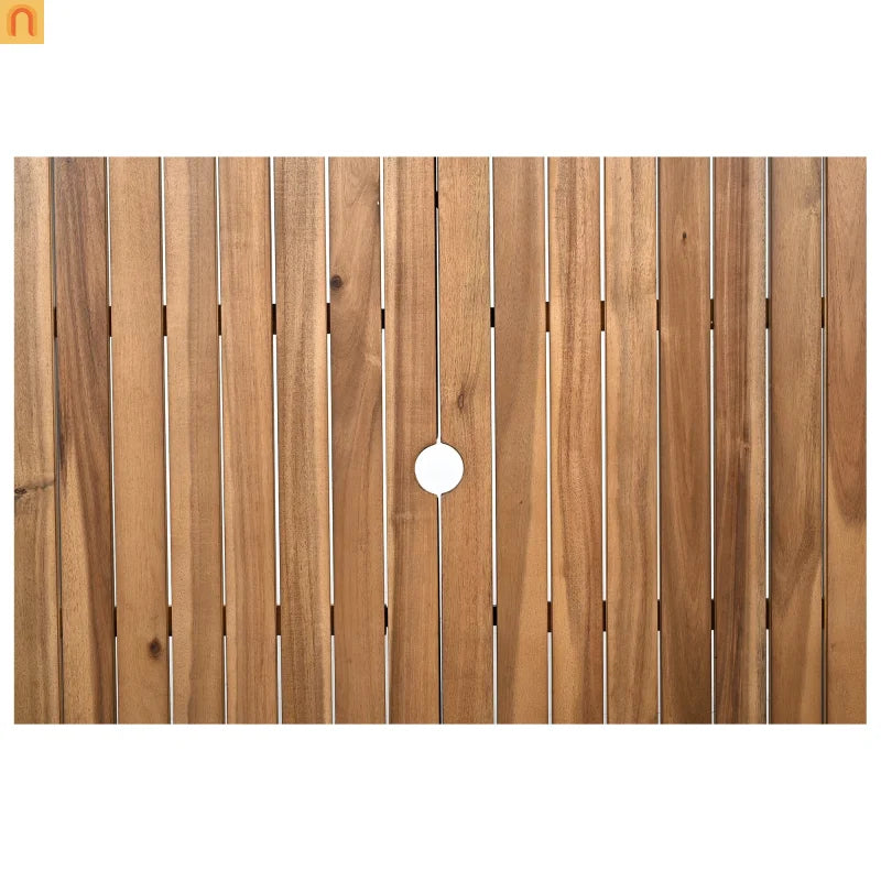 Outdoor Dining Set Acacia Wood Steel Beige Cushion 7 Piece Umbrella Hole