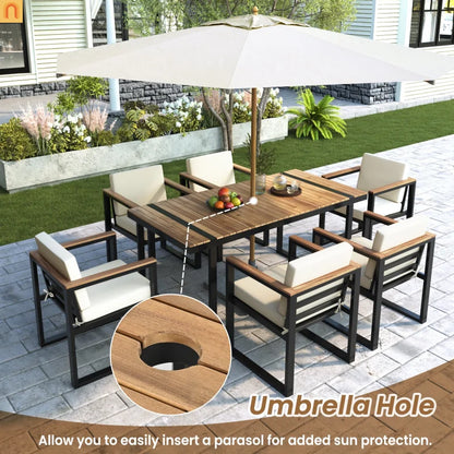 Outdoor Dining Set Acacia Wood Steel Beige Cushion 7 Piece Umbrella Hole