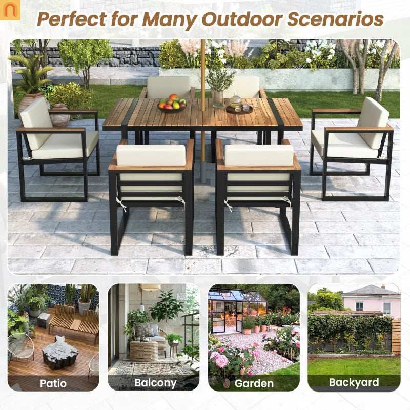 Outdoor Dining Set Acacia Wood Steel Beige Cushion 7 Piece Umbrella Hole