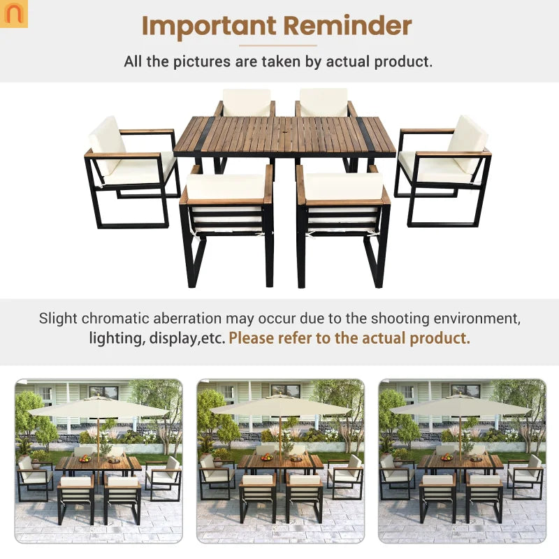 Outdoor Dining Set Acacia Wood Steel Beige Cushion 7 Piece Umbrella Hole