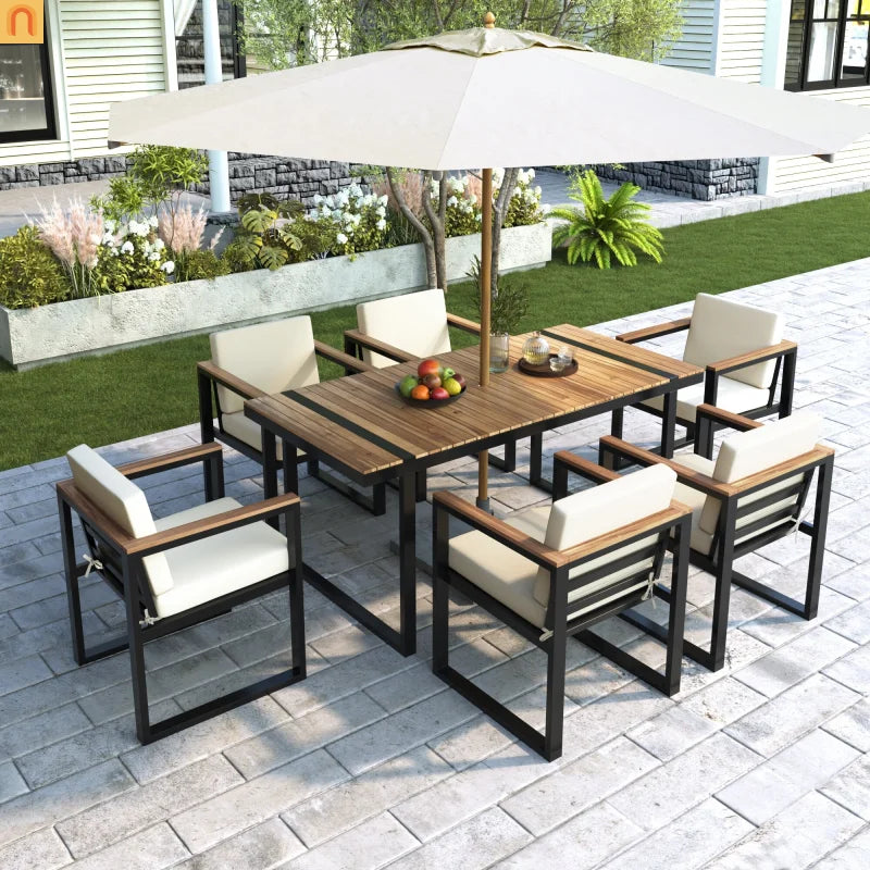 Outdoor Dining Set Acacia Wood Steel Beige Cushion 7 Piece Umbrella Hole