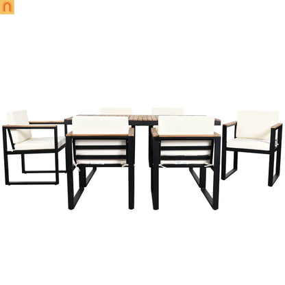 Outdoor Dining Set Acacia Wood Steel Beige Cushion 7 Piece Umbrella Hole