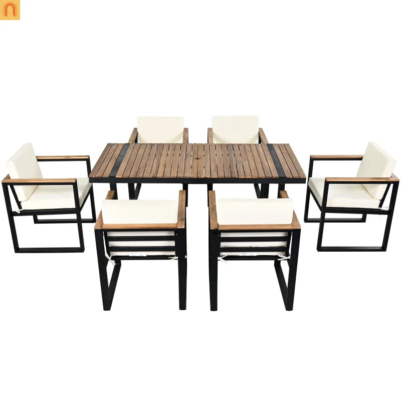 Outdoor Dining Set Acacia Wood Steel Beige Cushion 7 Piece Umbrella Hole