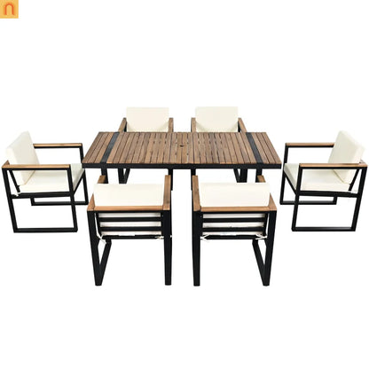 Outdoor Dining Set Acacia Wood Steel Beige Cushion 7 Piece Umbrella Hole