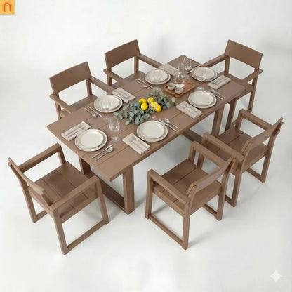 Outdoor Dining Set HDPE Brown 7 Piece Umbrella Hole Seats 6
