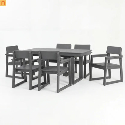 Outdoor Dining Set 6 Person HDPE Gray Weather Resistant Umbrella Hole
