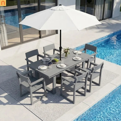 Outdoor Dining Set 6 Person HDPE Gray Weather Resistant Umbrella Hole