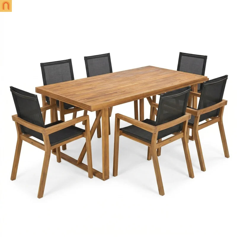 7 Piece Outdoor Dining Set Acacia Wood Teak Mesh Chairs