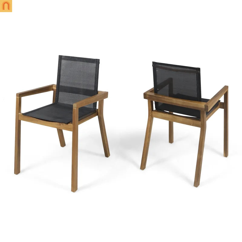 7 Piece Outdoor Dining Set Acacia Wood Teak Mesh Chairs