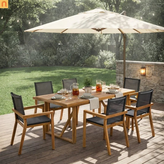 7 Piece Outdoor Dining Set Acacia Wood Teak Mesh Chairs
