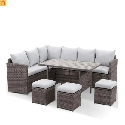 Outdoor Dining Set PE Rattan Steel Gray 7 Piece Modular Seats 9