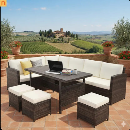 Outdoor Dining Set PE Rattan Steel Beige 7 Piece Modular Seats 9
