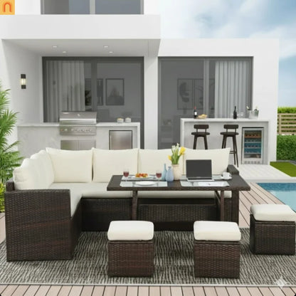 Outdoor Dining Set PE Rattan Steel Beige 7 Piece Modular Seats 9