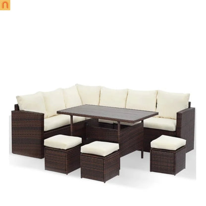 Outdoor Dining Set PE Rattan Steel Beige 7 Piece Modular Seats 9