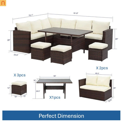 Outdoor Dining Set PE Rattan Steel Beige 7 Piece Modular Seats 9