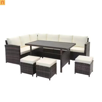 Outdoor Dining Set PE Rattan Steel Beige 7 Piece Modular Seats 9