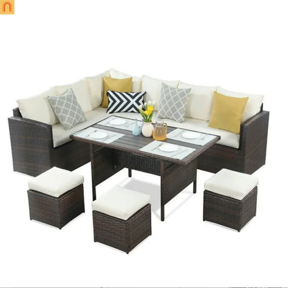 Outdoor Dining Set PE Rattan Steel Beige 7 Piece Modular Seats 9