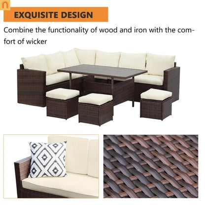 Outdoor Dining Set PE Rattan Steel Beige 7 Piece Modular Seats 9