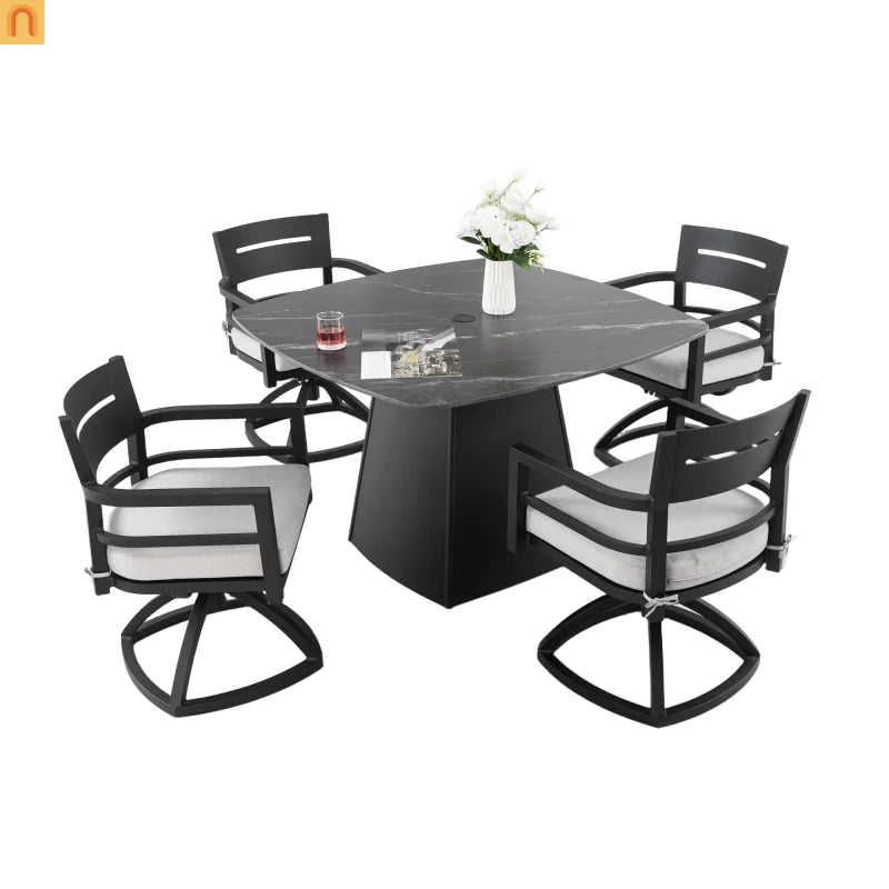 Outdoor Dining Set Sintered Stone Aluminum Black 5 Piece Swivel Seats 4