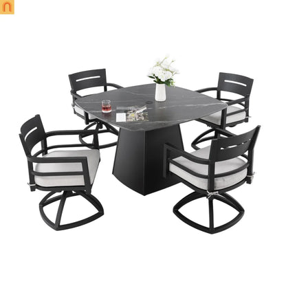 Outdoor Dining Set Sintered Stone Aluminum Black 5 Piece Swivel Seats 4