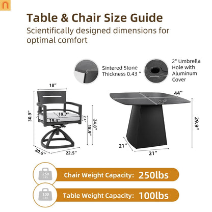 Outdoor Dining Set Sintered Stone Aluminum Black 5 Piece Swivel Seats 4