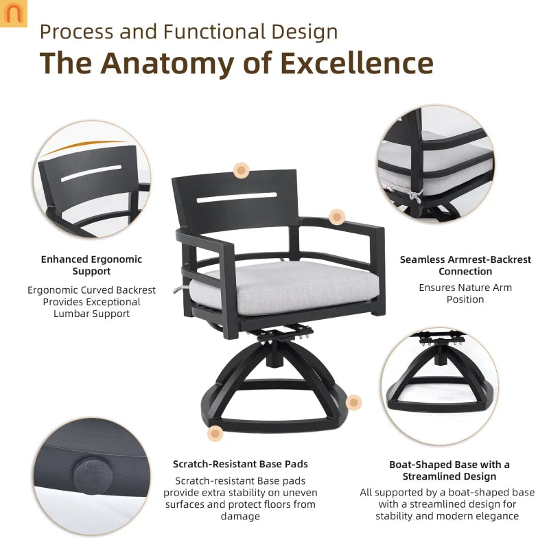 Outdoor Dining Set Sintered Stone Aluminum Black 5 Piece Swivel Seats 4
