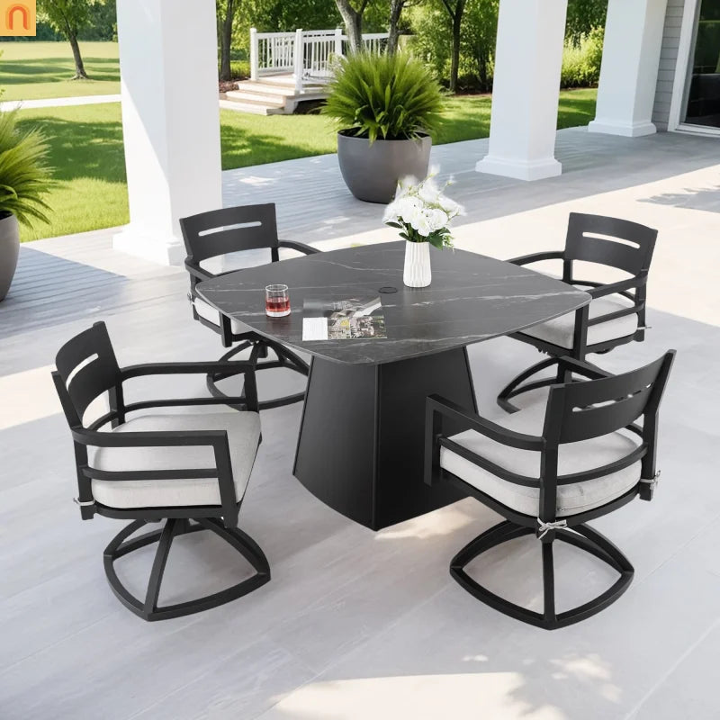 Outdoor Dining Set Sintered Stone Aluminum Black 5 Piece Swivel Seats 4