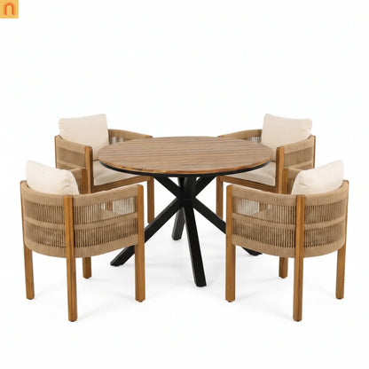 Outdoor Dining Set Round Teak Table Rope Chairs 5pc