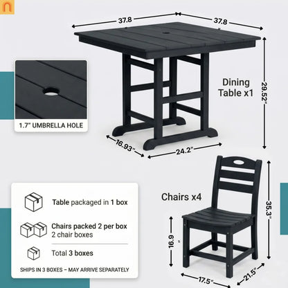 Outdoor Dining Set HDPE Black Square Table 5 Piece Seats 4