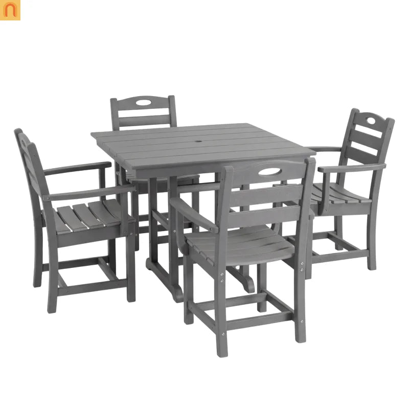 Outdoor Dining Set HDPE Gray Square Table 5 Piece Armchairs Seats 4