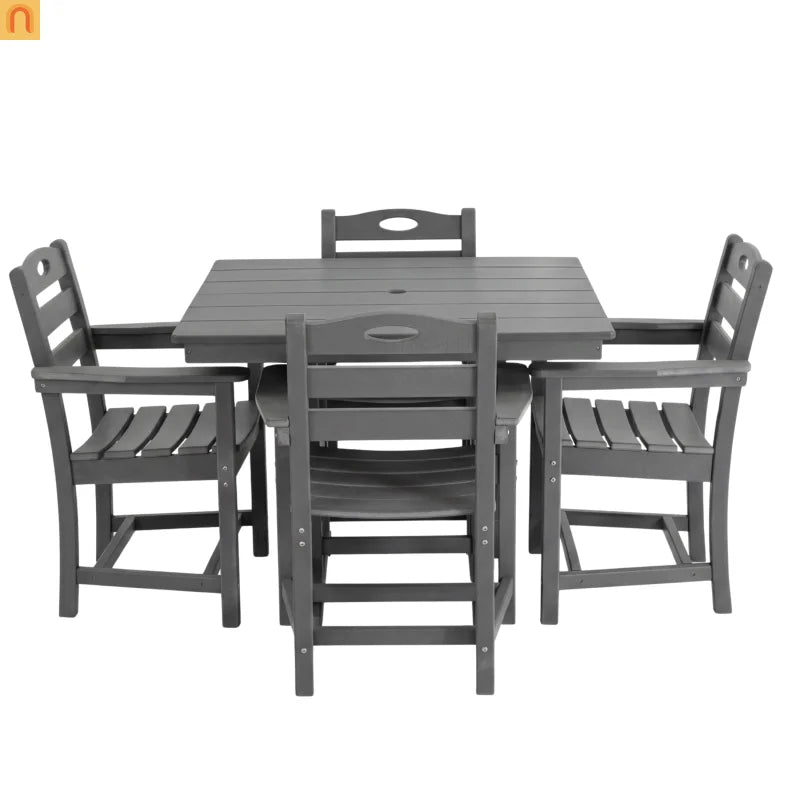 Outdoor Dining Set HDPE Gray Square Table 5 Piece Armchairs Seats 4
