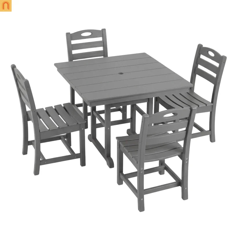 Outdoor Dining Set HDPE Gray Square Table 5 Piece Armchairs Seats 4