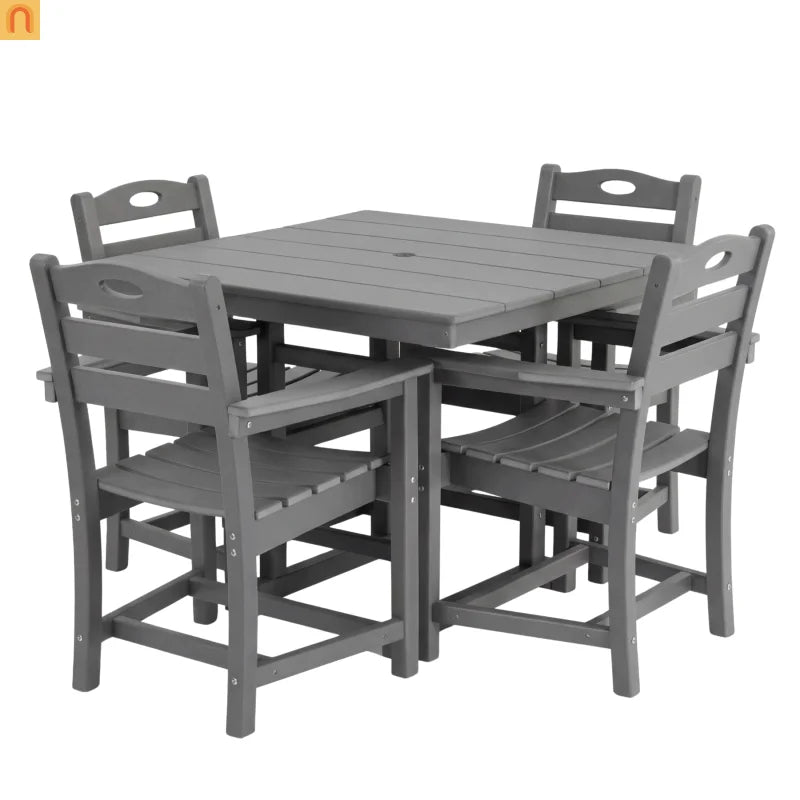 Outdoor Dining Set HDPE Gray Square Table 5 Piece Armchairs Seats 4