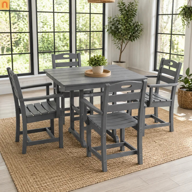 Outdoor Dining Set HDPE Gray Square Table 5 Piece Armchairs Seats 4