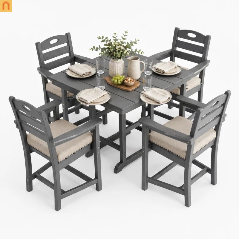 Outdoor Dining Set HDPE Gray Square Table 5 Piece Armchairs Seats 4