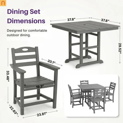 Outdoor Dining Set HDPE Gray Square Table 5 Piece Armchairs Seats 4
