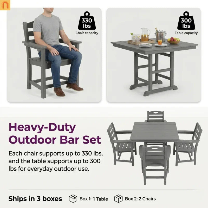 Outdoor Dining Set HDPE Gray Square Table 5 Piece Armchairs Seats 4