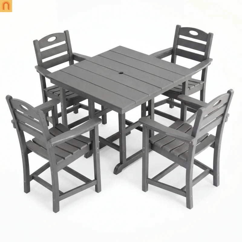 Outdoor Dining Set HDPE Gray Square Table 5 Piece Armchairs Seats 4