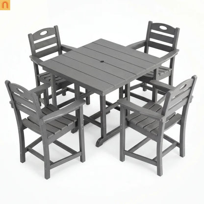 Outdoor Dining Set HDPE Gray Square Table 5 Piece Armchairs Seats 4